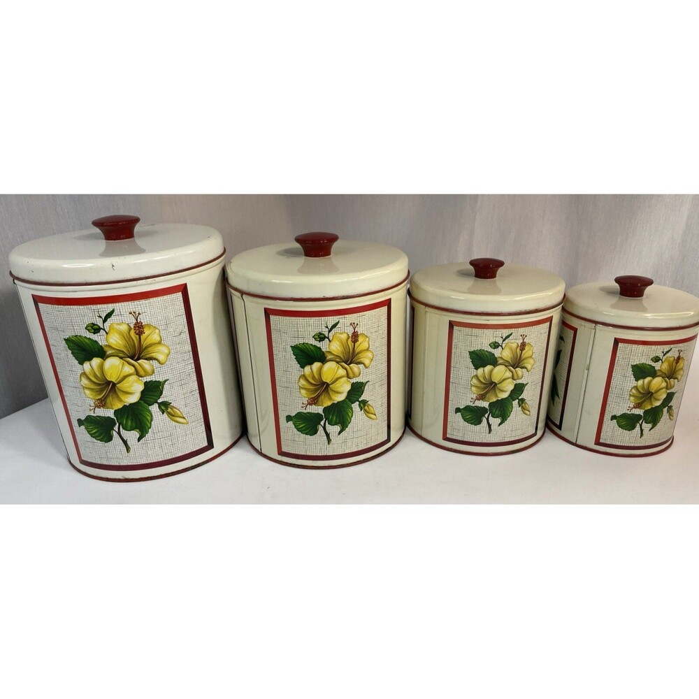 MCM 1950s Maid of Honor Metal 4pc Kitchen Canister Set Floral Pattern Red Knobs